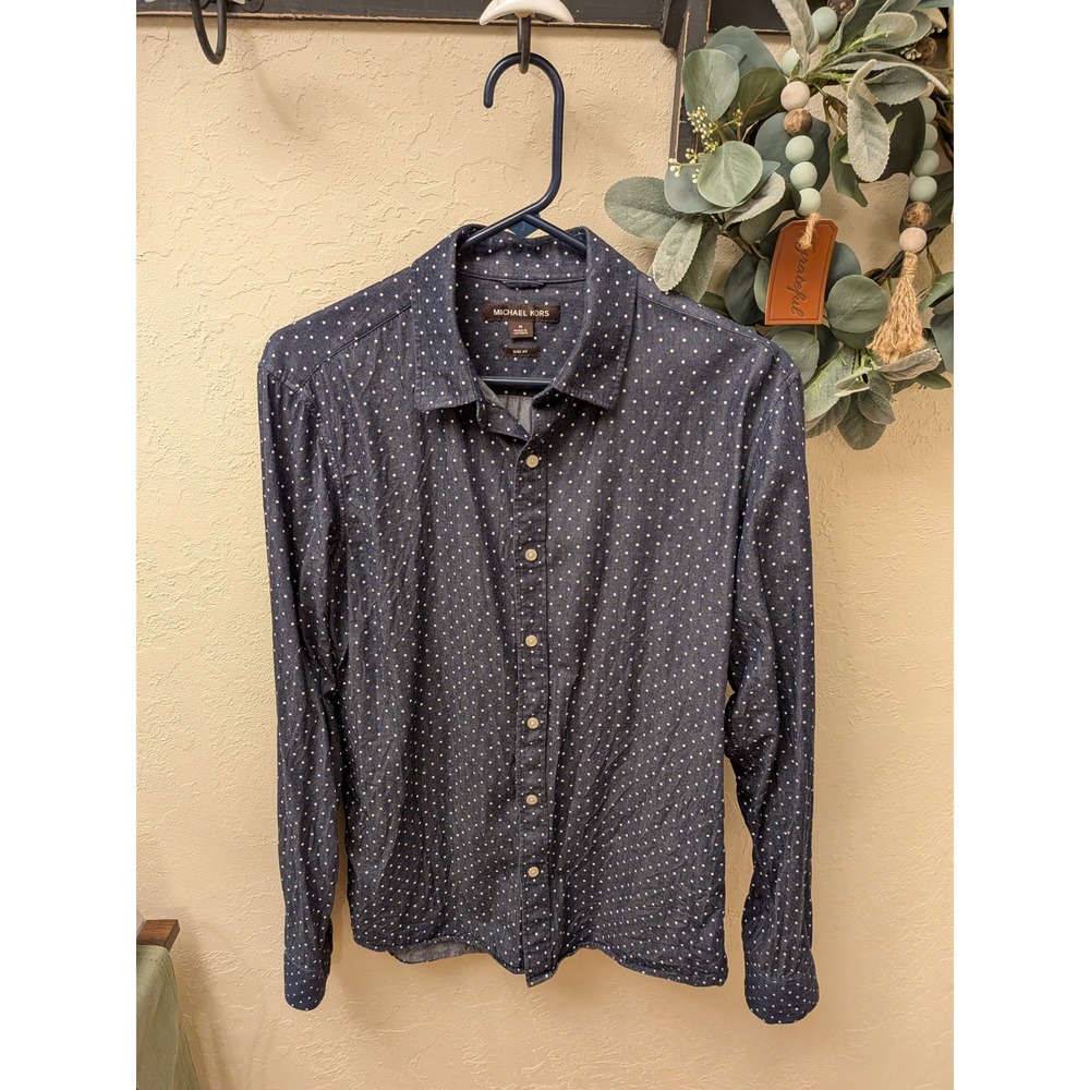Michael Kors Mens Slim Fit Polka Dot Button Down Shirt Blue Indigo Medium M